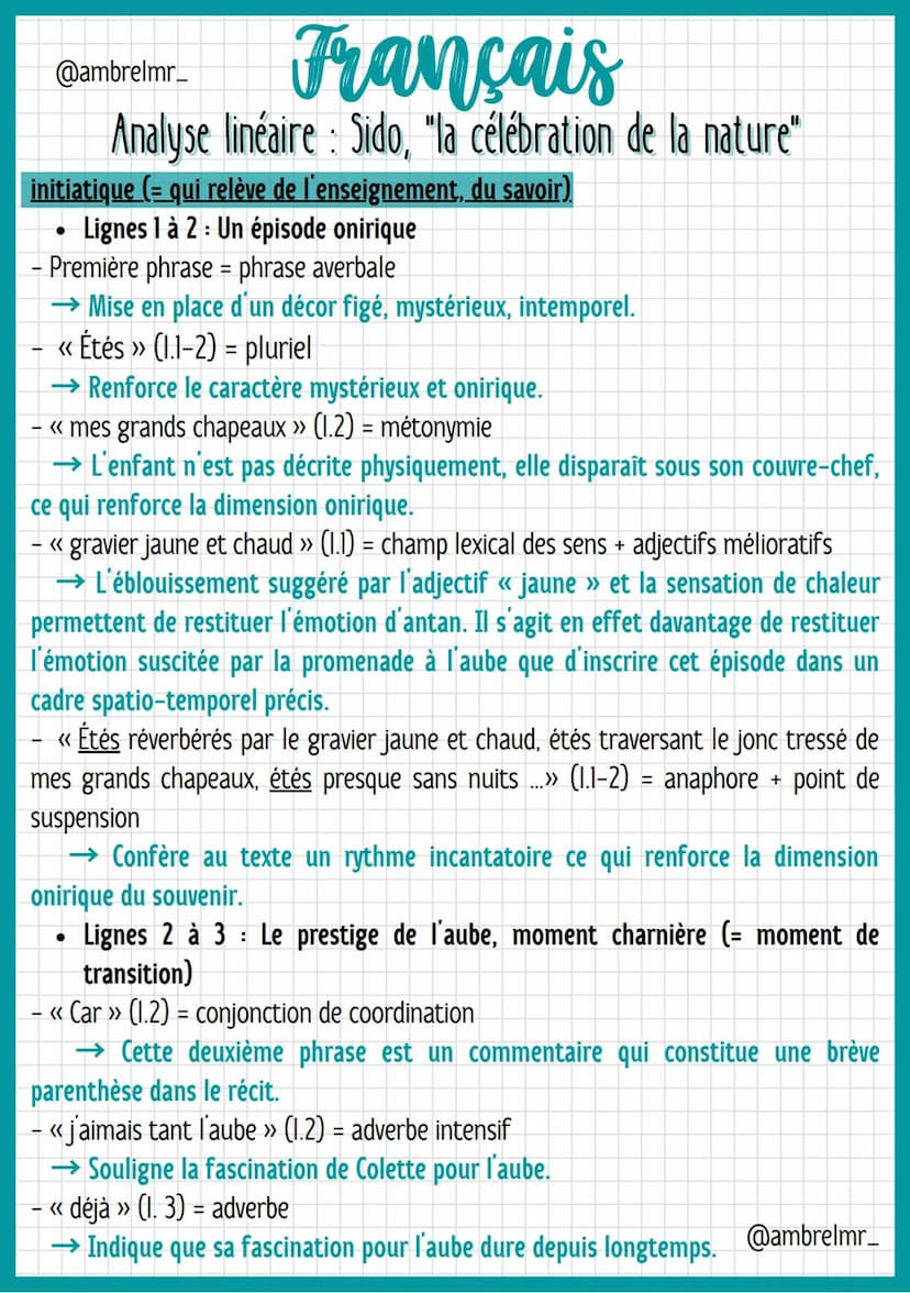 @ambrelmr_
Français
Analyse linéaire : Sido, "la célébration de la nature"
INTRODUCTION
Présentation du texte :
→ Auteur : Colette, de son v