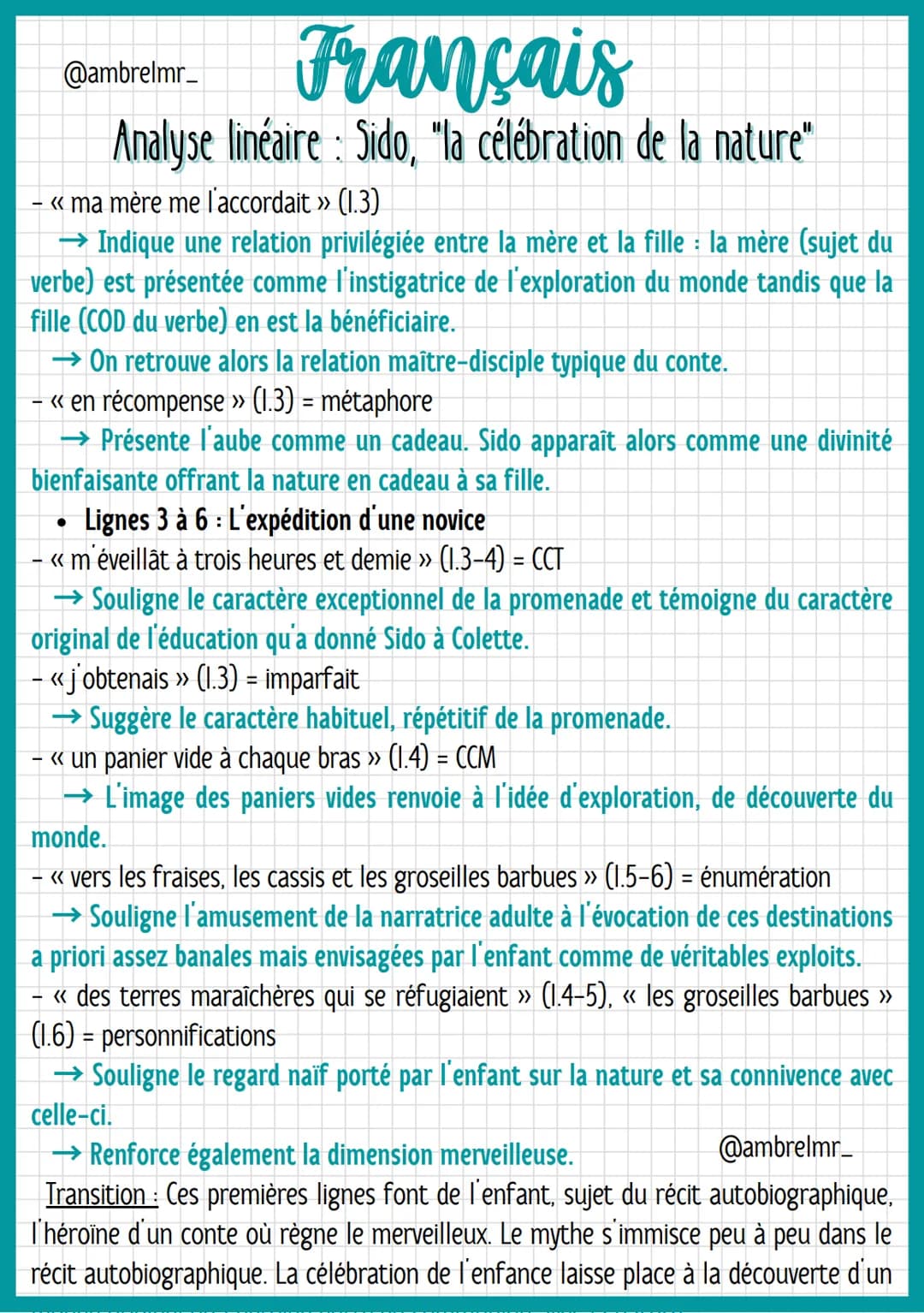 @ambrelmr_
Français
Analyse linéaire : Sido, "la célébration de la nature"
INTRODUCTION
Présentation du texte :
→ Auteur : Colette, de son v