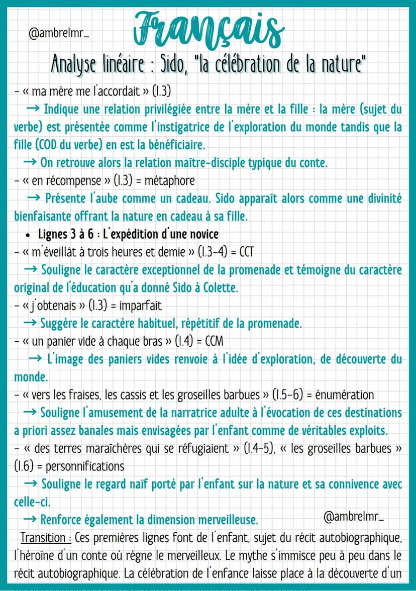 @ambrelmr_
Français
Analyse linéaire : Sido, "la célébration de la nature"
INTRODUCTION
Présentation du texte :
→ Auteur : Colette, de son v