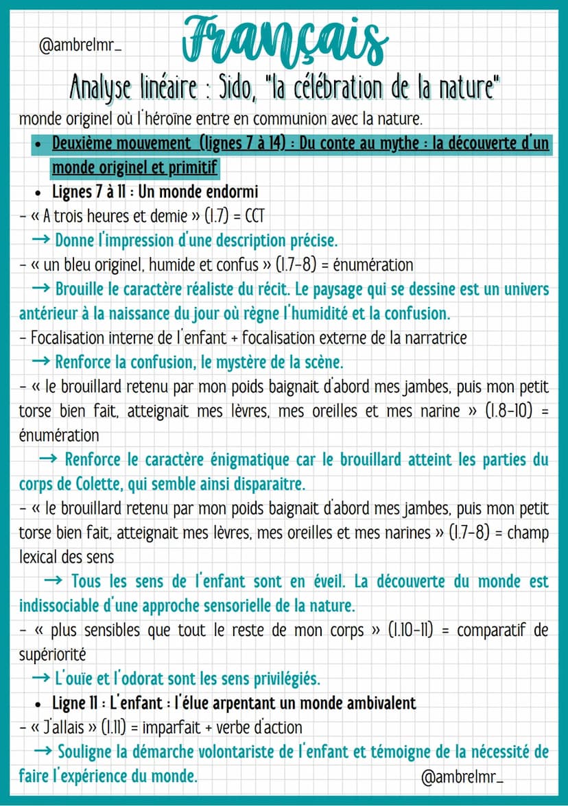 @ambrelmr_
Français
Analyse linéaire : Sido, "la célébration de la nature"
INTRODUCTION
Présentation du texte :
→ Auteur : Colette, de son v