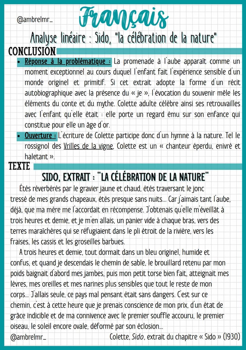 @ambrelmr_
Français
Analyse linéaire : Sido, "la célébration de la nature"
INTRODUCTION
Présentation du texte :
→ Auteur : Colette, de son v