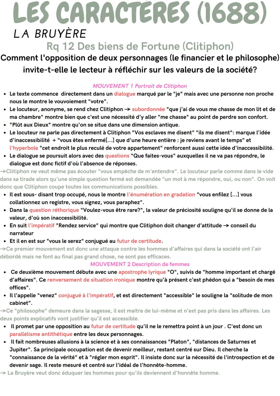 LES CARACTERES (1688)
LA BRUYÈRE
Rq 12 Des biens de Fortune (Clitiphon)
Comment l'opposition de deux personnages (le financier et le philoso