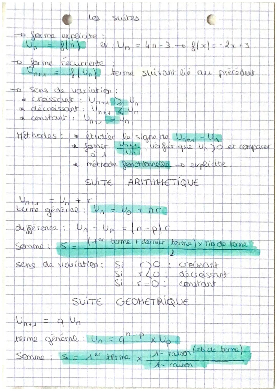 # Les suites

- forme explicite:
$U_n = f(n)$ ex: $U_n = 4n - 3 \rightarrow f(x) = -2x + 3$

- forme récurrente:
$U_{n+1} = f(U_n)$ terme su