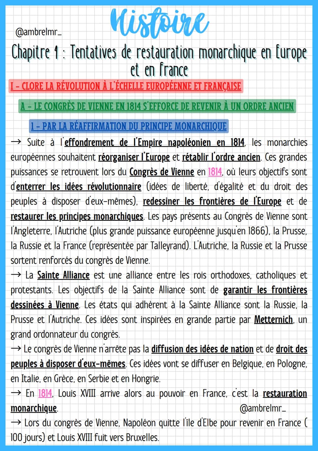 Histoire
@ambrelmr_
Chapitre 1: Tentatives de restauration monarchique en Europe
et en france
I-CLORE LA RÉVOLUTION À L'ÉCHELLE EUROPÉENNE E
