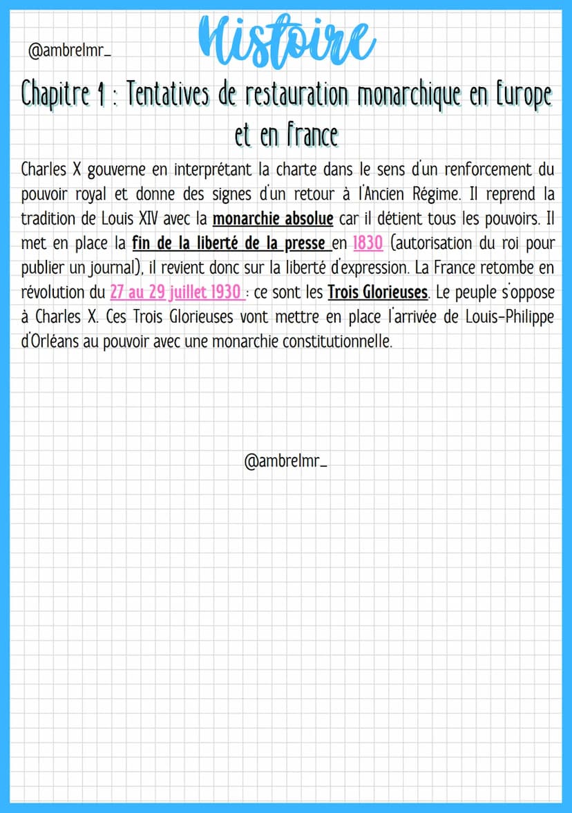 Histoire
@ambrelmr_
Chapitre 1: Tentatives de restauration monarchique en Europe
et en france
I-CLORE LA RÉVOLUTION À L'ÉCHELLE EUROPÉENNE E