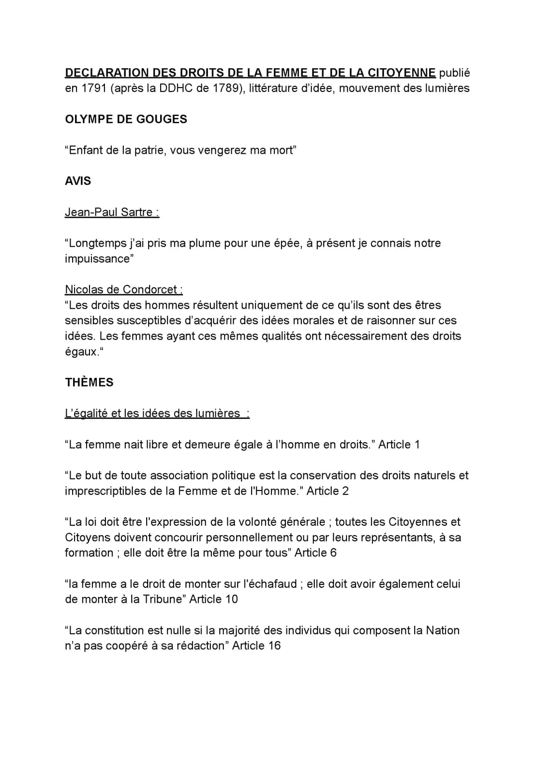 Déclaration des droits de la femme et de la citoyenne/DDFC : citations et parcours associé, Bac de Français
