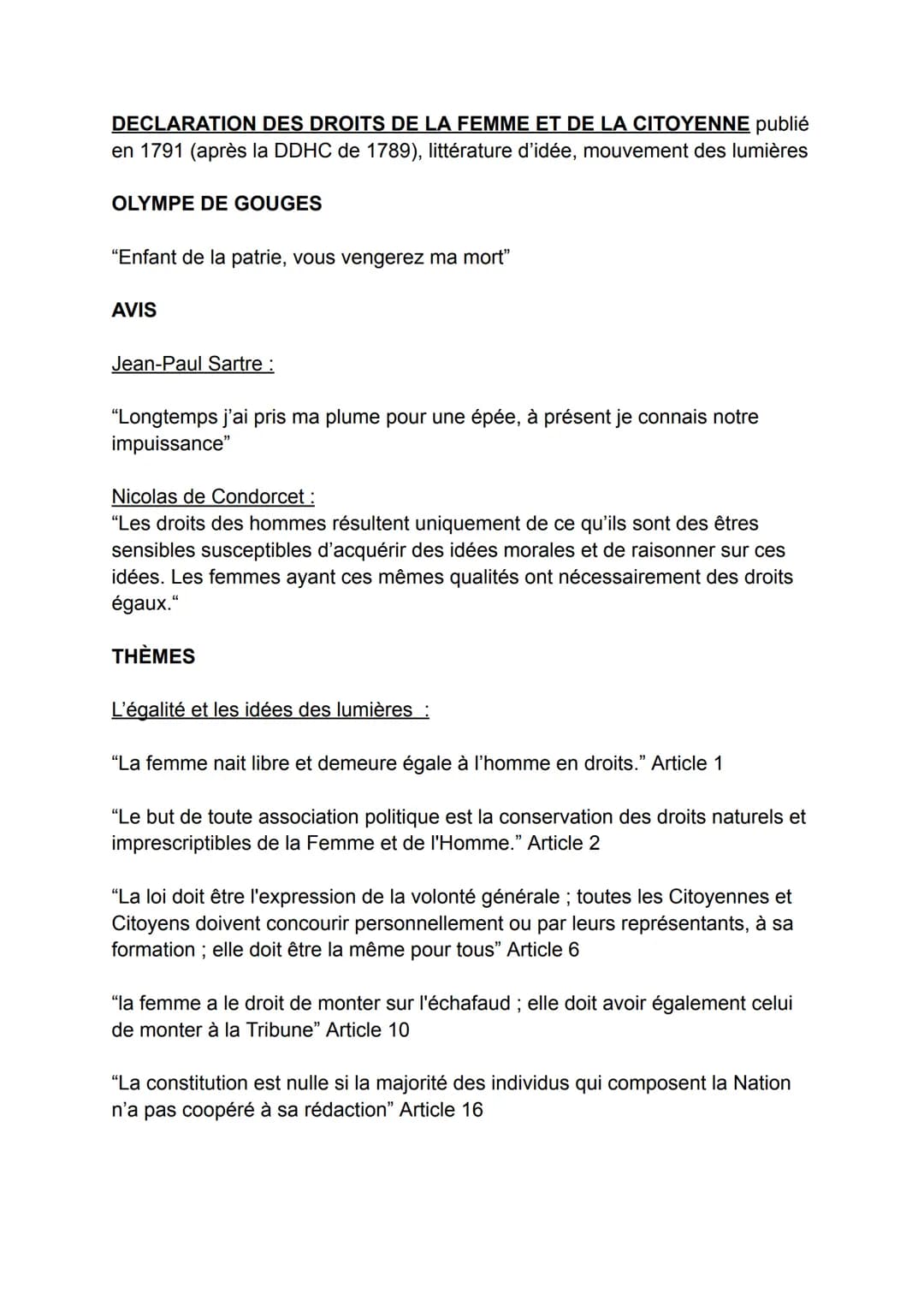 DECLARATION DES DROITS DE LA FEMME ET DE LA CITOYENNE publié
en 1791 (après la DDHC de 1789), littérature d'idée, mouvement des lumières
OLY