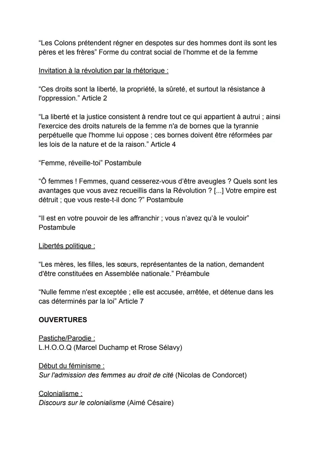 DECLARATION DES DROITS DE LA FEMME ET DE LA CITOYENNE publié
en 1791 (après la DDHC de 1789), littérature d'idée, mouvement des lumières
OLY