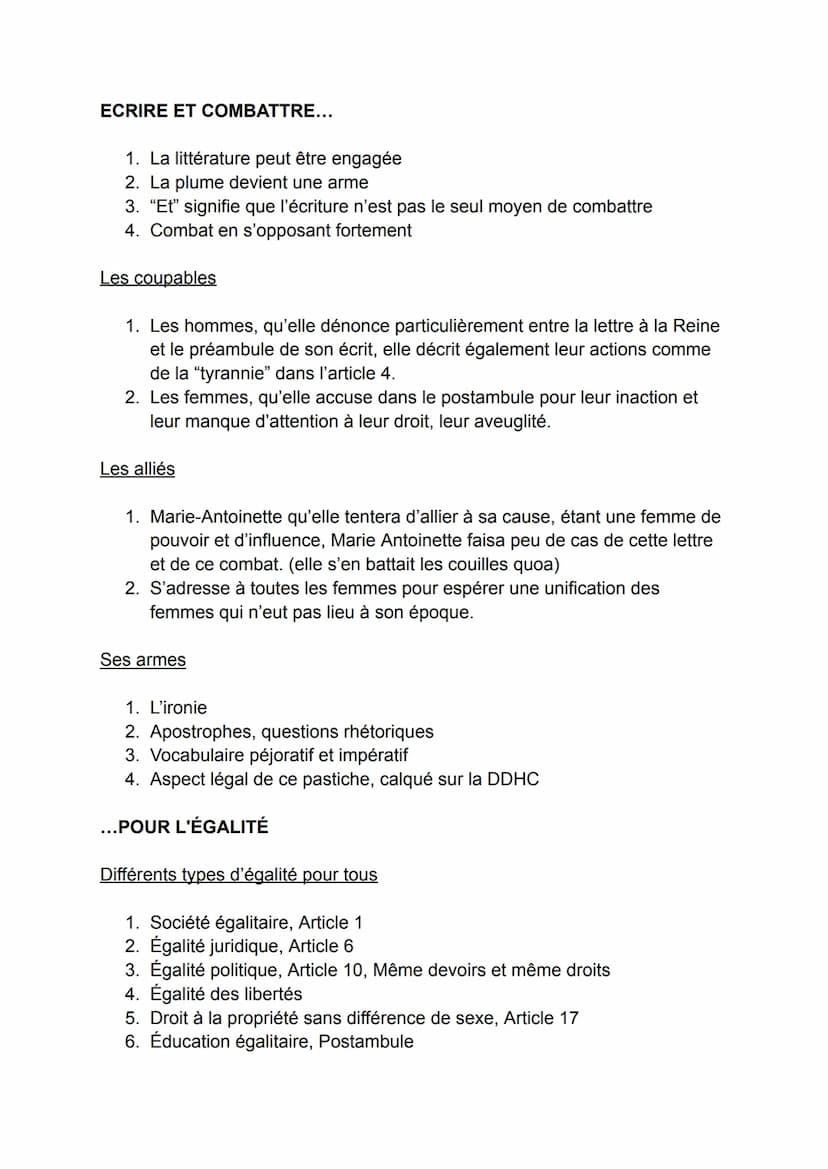 DECLARATION DES DROITS DE LA FEMME ET DE LA CITOYENNE publié
en 1791 (après la DDHC de 1789), littérature d'idée, mouvement des lumières
OLY