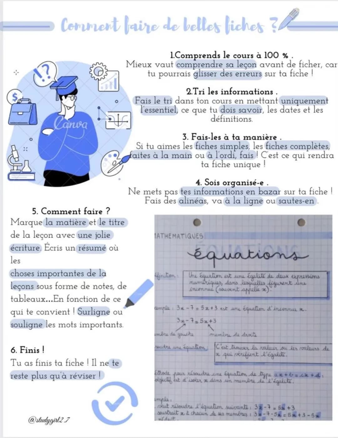 Comment faire de belles fiches ?
Canva
O
5. Comment faire ?
Marque la matière et le titre
de la leçon avec une jolie
écriture. Écris un résu