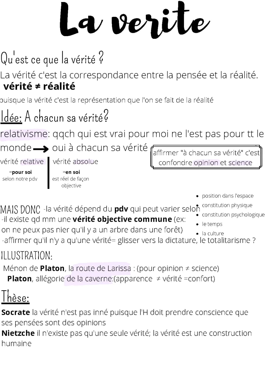Fiche Philo la Vérité - Vérité Absolue et Relative, Exemples et Défs