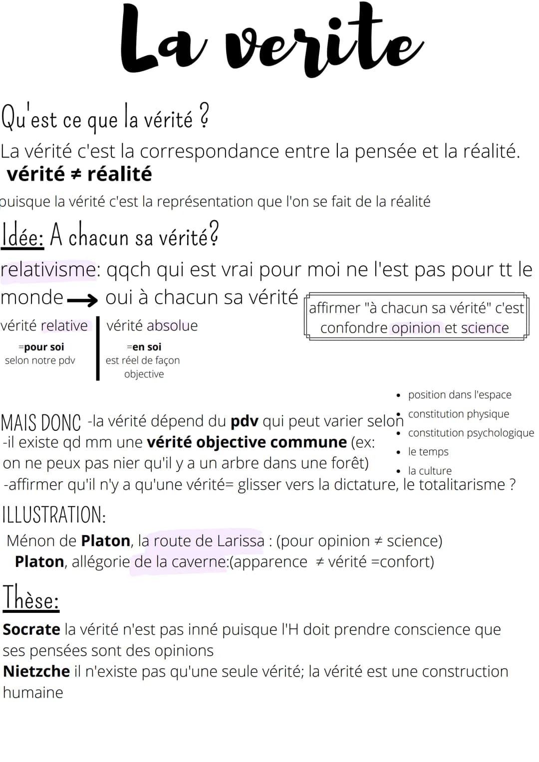 La verite
Qu'est ce que la vérité ?
La vérité c'est la correspondance entre la pensée et la réalité.
vérité réalité
puisque la vérité c'est 