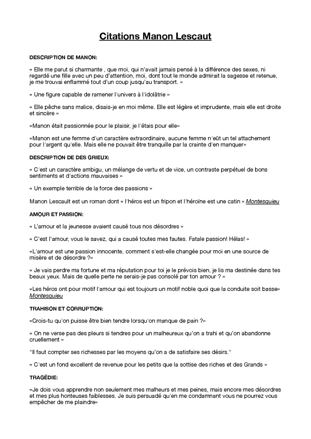 Découvre les Citations et Personnages de Manon Lescaut