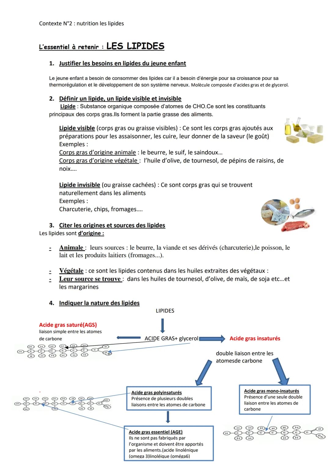 Contexte N°2 : nutrition les lipides
L'essentiel à retenir : LES LIPIDES
1. Justifier les besoins en lipides du jeune enfant
Le jeune enfant
