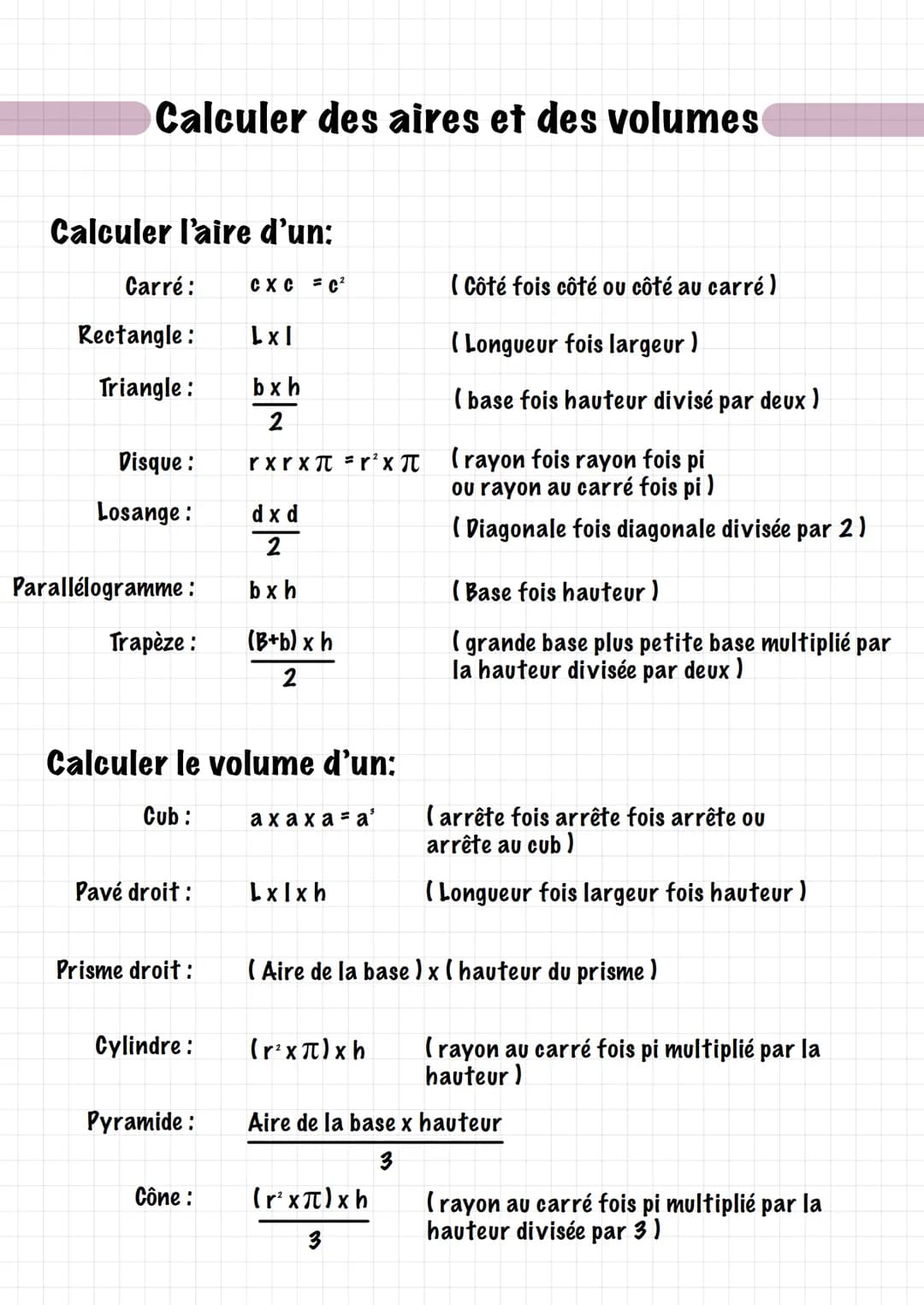 Calculer des aires et des volumes
Calculer l'aire d'un:
Carré: CXC=C²
Rectangle :
Triangle:
Disque :
Losange:
Parallélogramme :
Trapèze :
Pa