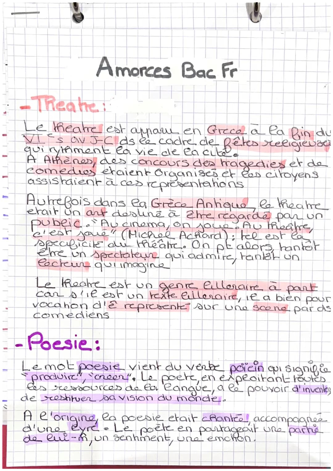 1
Amorces Bac Fr
-Theatre:
Le theatre est apparu en Grece a la fin du
VT's av JC ds le cadre de fêtes religievaci
qui rymment la vie de la c