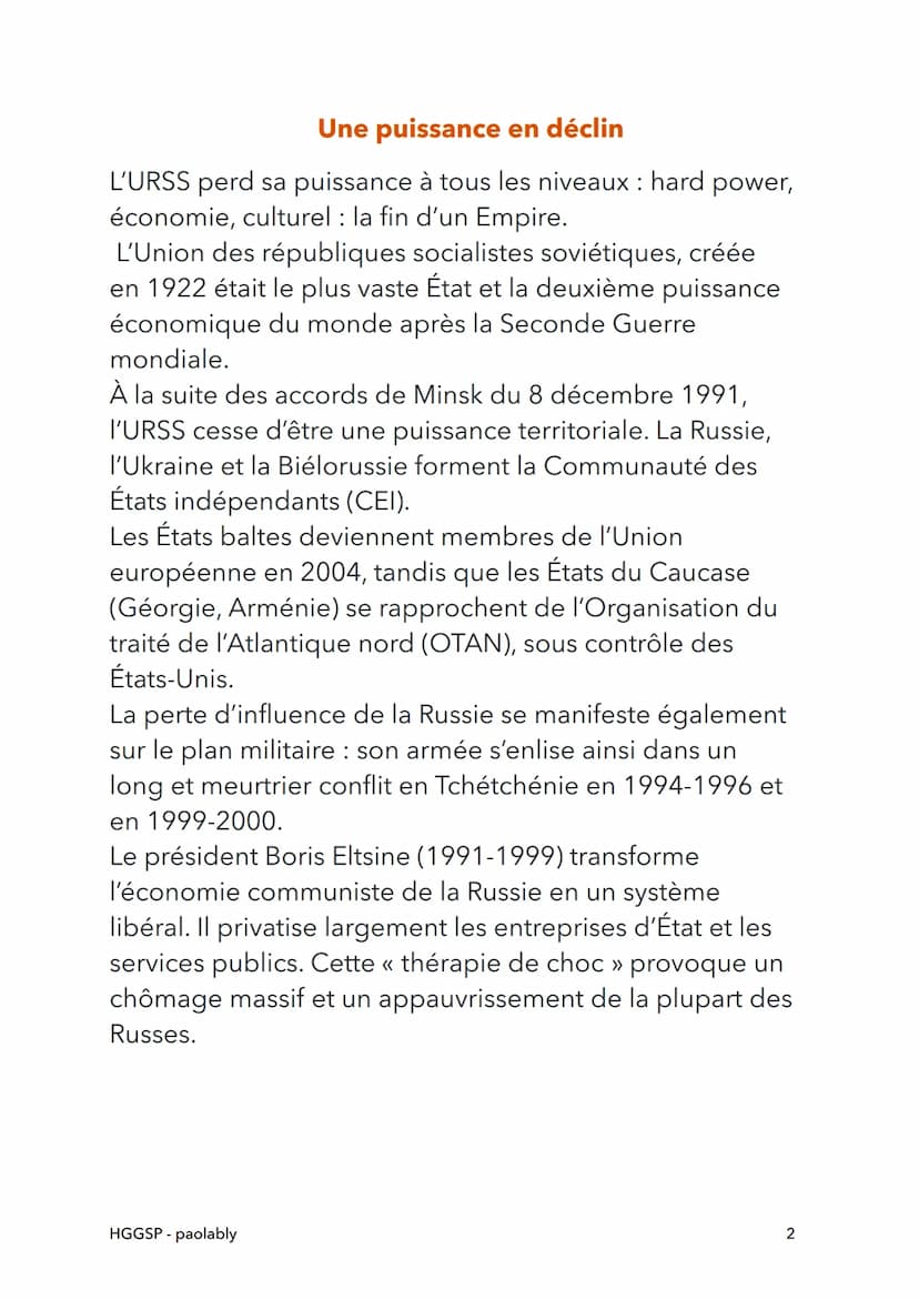 HGGSP
La Russie : une puissance
reconstruction depuis 1991
HGGSP- paolably
@paolably
knowunity
1 Une puissance en déclin
L'URSS perd sa puis