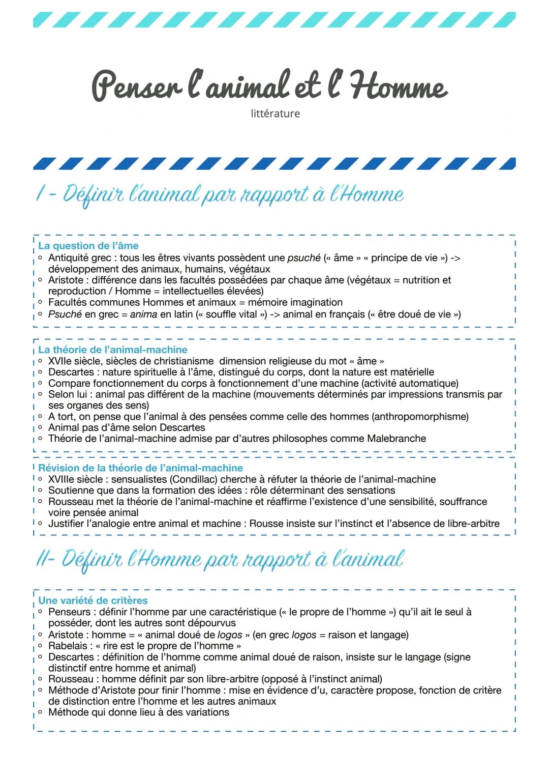 Penser l'animal et l'Homme
1- Définir l'animal par rapport à l'Homme
littérature
La question de l'âme
Antiquité grec : tous les êtres vivant