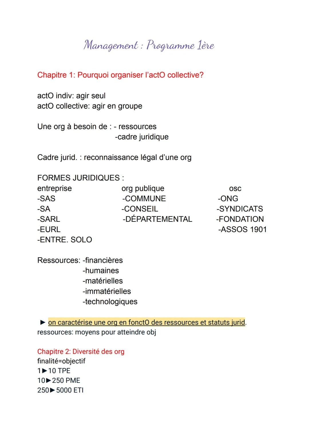 Management: Programme 1ère
Chapitre 1: Pourquoi organiser l'acto collective?
acto indiv: agir seul
acto collective: agir en groupe
Une org à