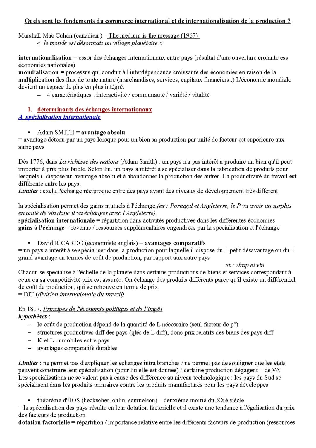 Quels sont les fondements du commerce international et de internationalisation de la production ?