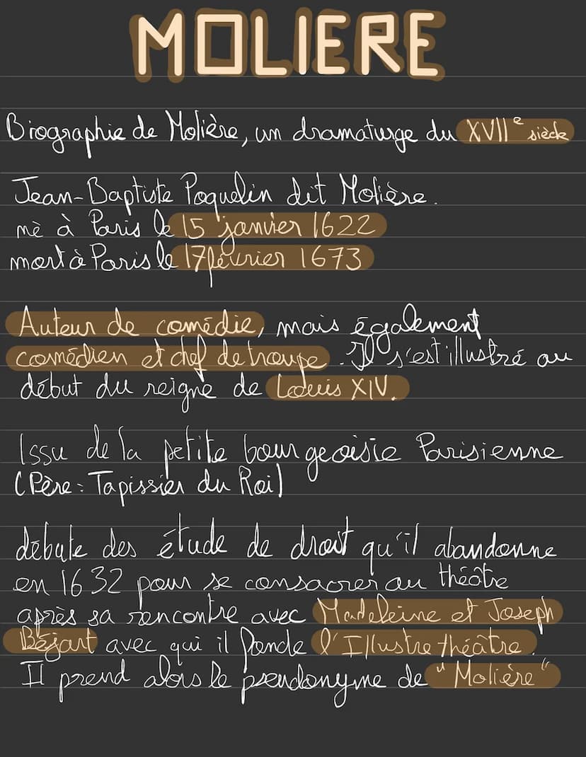  MOLIERE
e
Biographie de Molière, un dramaturge du XVII" side
Jean-Baptiste Poquelin dit Molière
mè à Paris le 15 janvier 1622
mort à Paris 