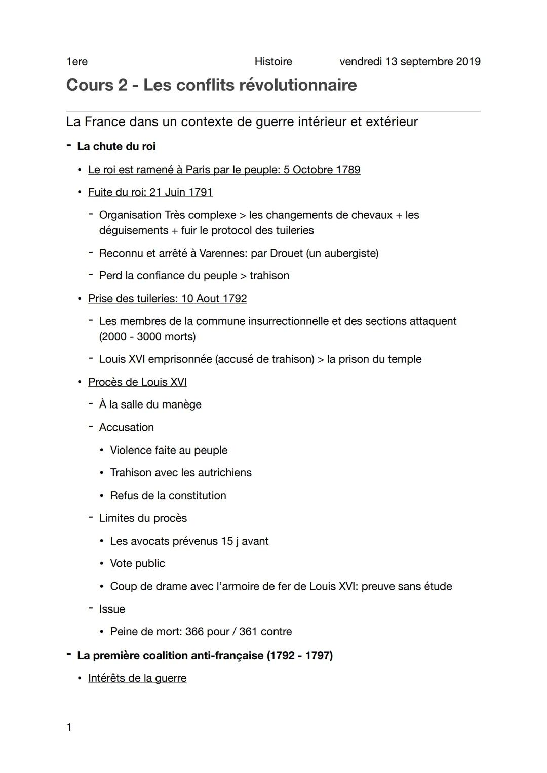 1ere
Cours 2 - Les conflits révolutionnaire
1
Histoire
La France dans un contexte de guerre intérieur et extérieur
- La chute du roi
Le roi 