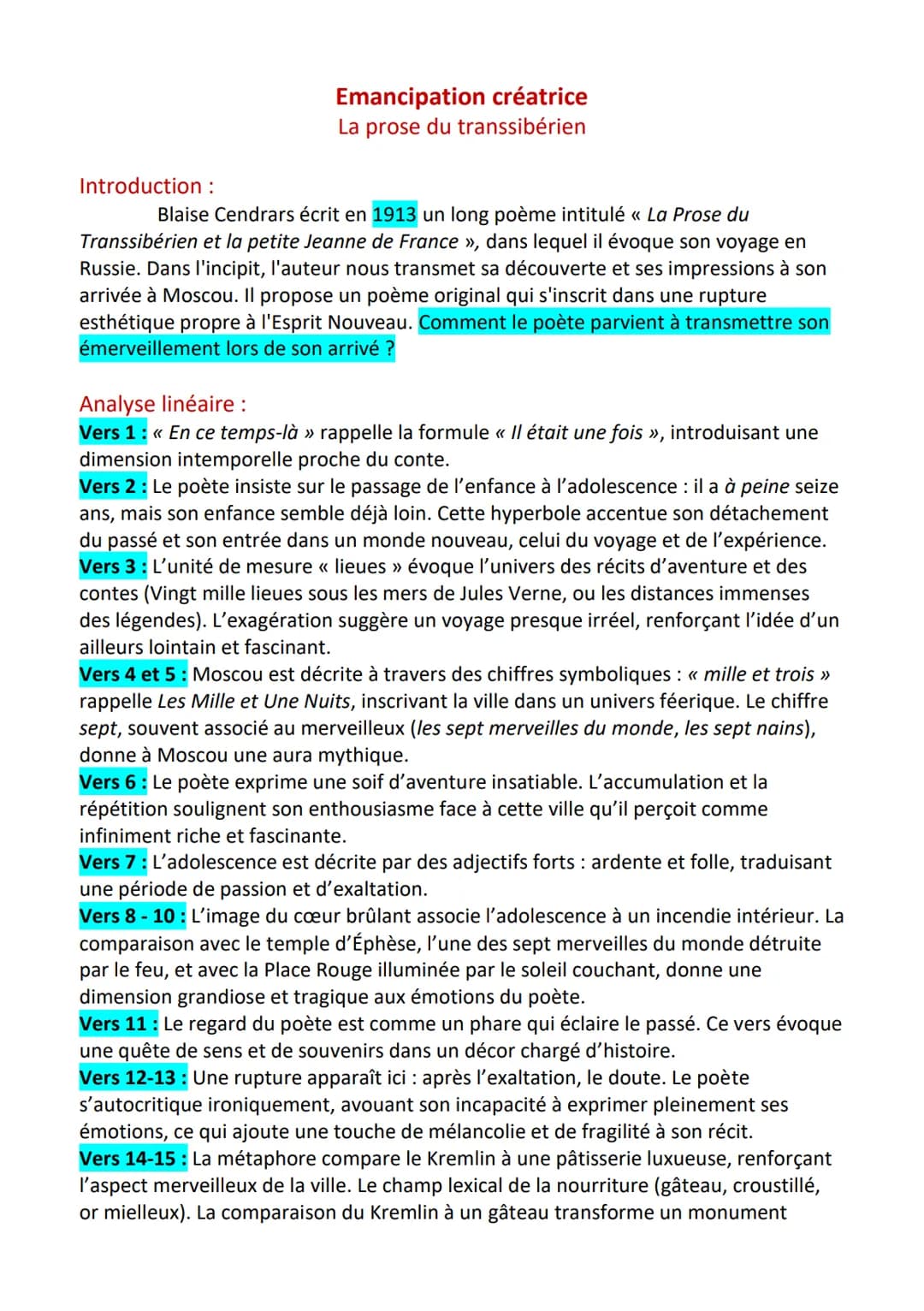 --- OCR Start ---
Emancipation créatrice
La prose du transsibérien
Introduction:
Blaise Cendrars écrit en 1913 un long poème intitulé <<< La