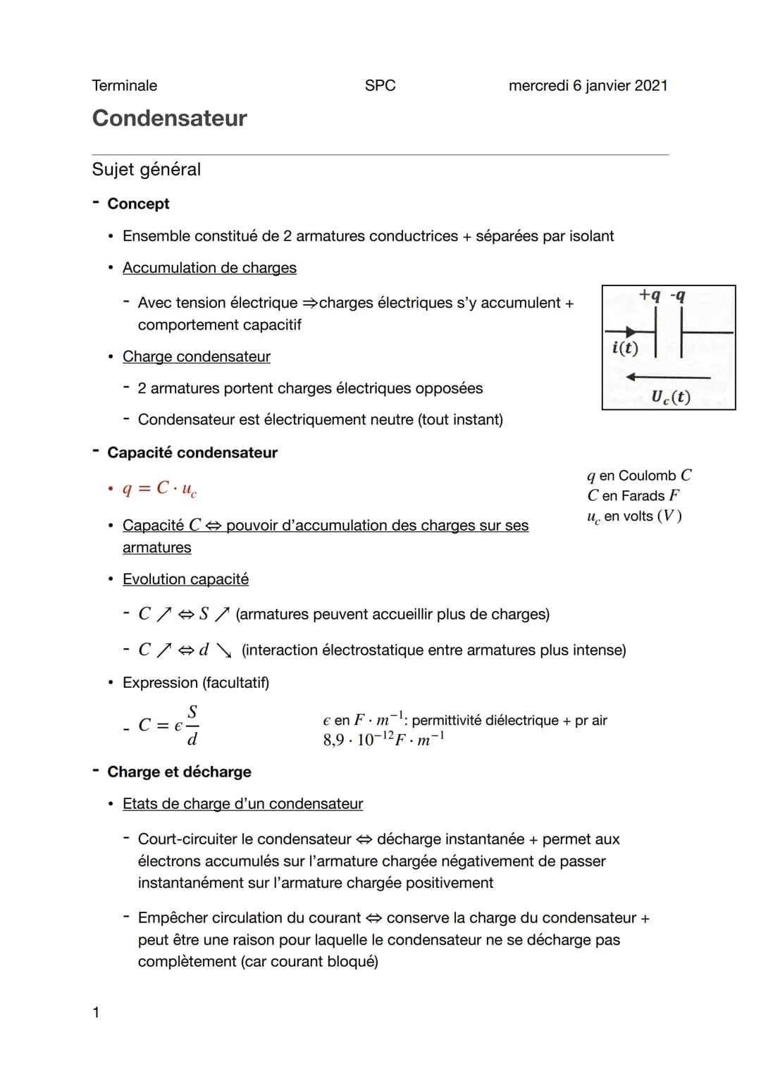 Terminale
1
Condensateur
Sujet général
Concept
Ensemble constitué de 2 armatures conductrices + séparées par isolant
• Accumulation de charg