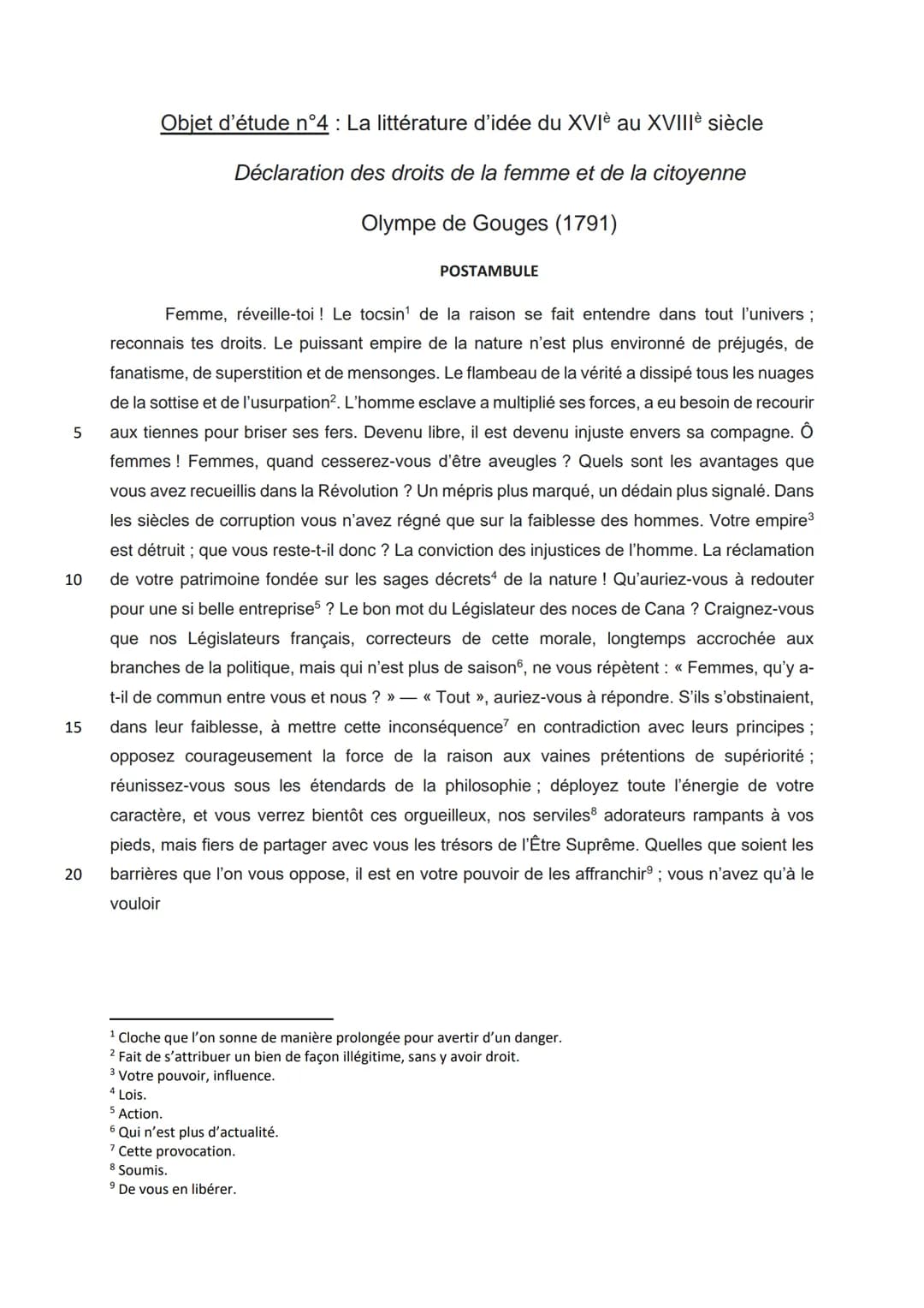 5
10
15
20
Objet d'étude n°4 : La littérature d'idée du XVIe au XVIIIe siècle
Déclaration des droits de la femme et de la citoyenne
Olympe d