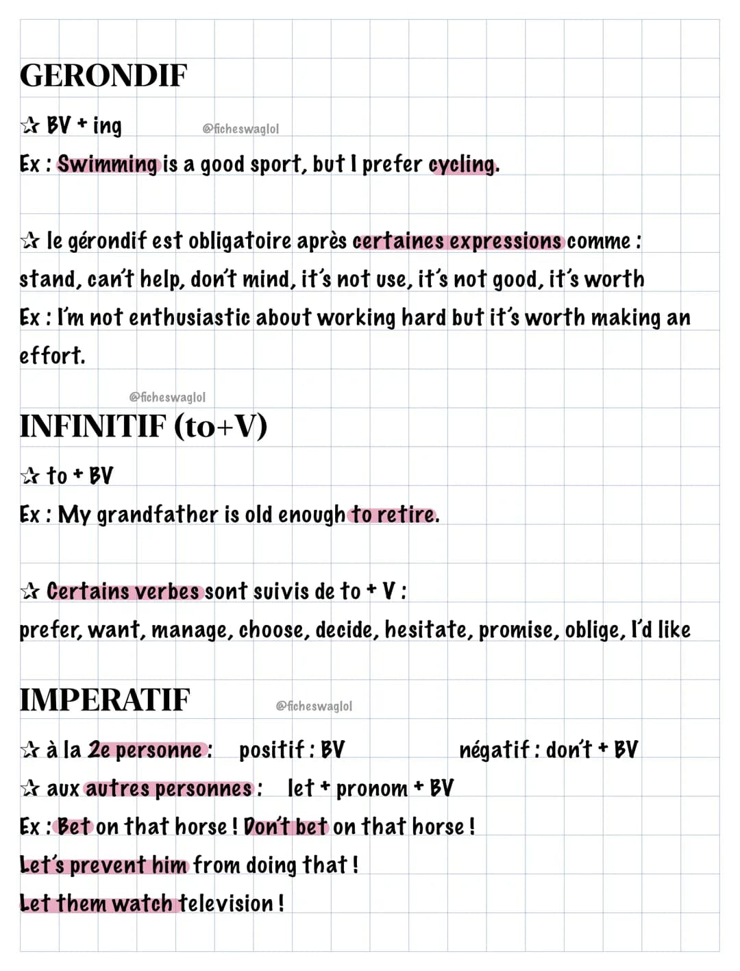 GERONDIF
BV+ing
@ficheswaglol
Ex: Swimming is a good sport, but I prefer cycling.
le gérondif est obligatoire après certaines expressions co