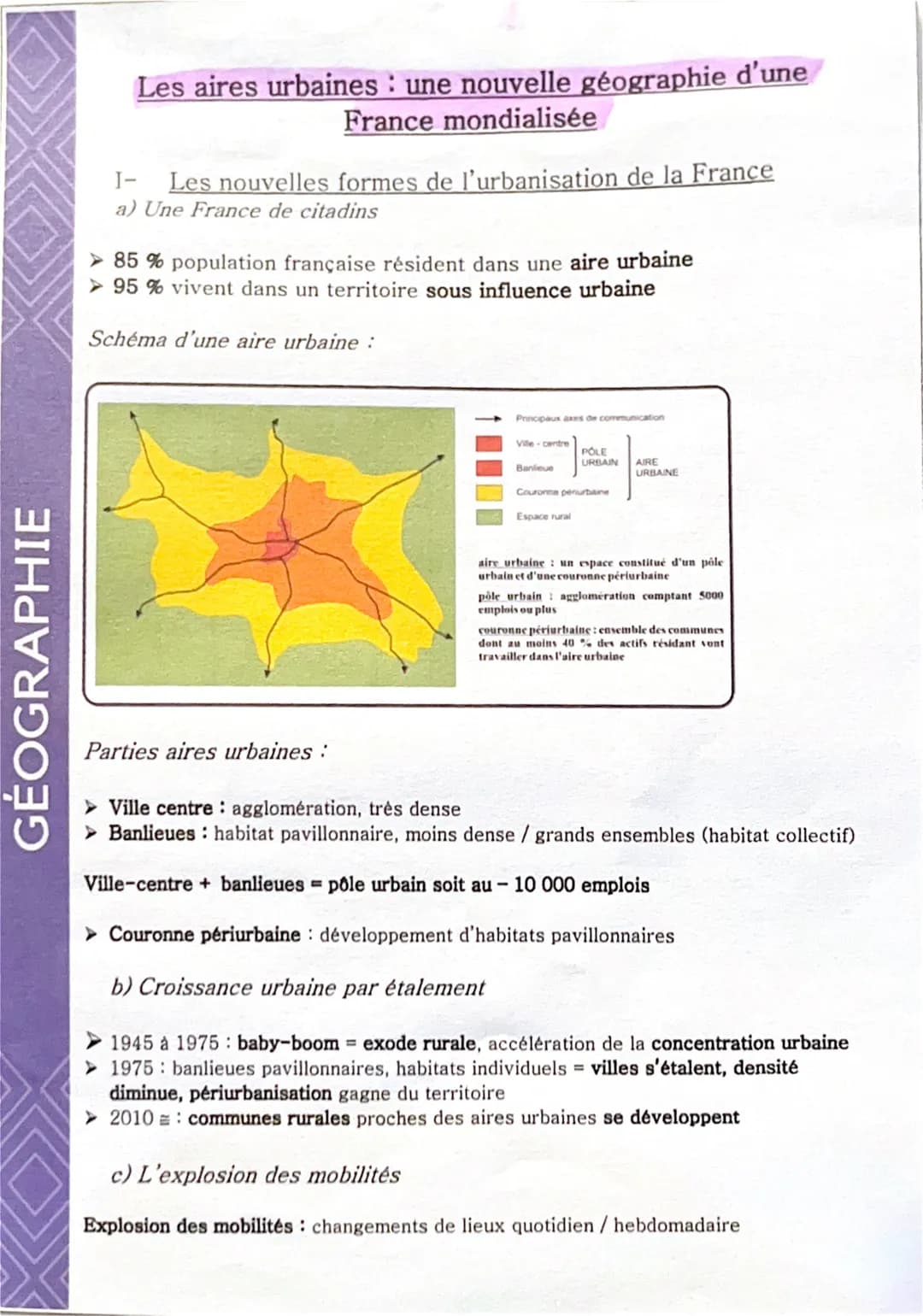 GÉOGRAPHIE
Les aires urbaines : une nouvelle géographie d'une
France mondialisée
I-
Les nouvelles formes de l'urbanisation de la France
a) U