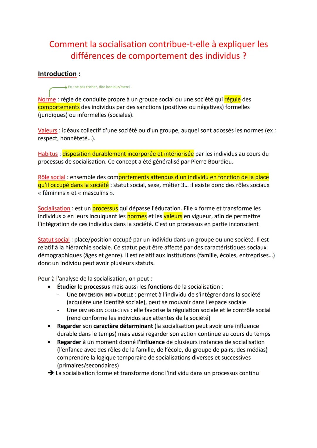 Comment la socialisation contribue-t-elle à expliquer les
différences de comportement des individus ?
Introduction :
Norme: règle de conduit