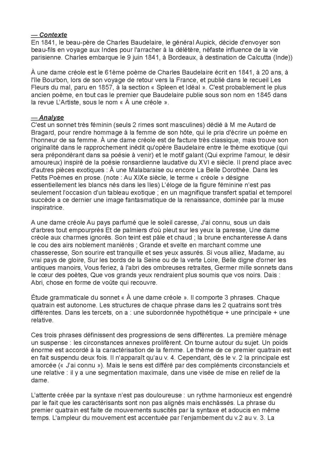 Résumé et Analyse de « À une dame créole » de Baudelaire - Poème créole expliqué