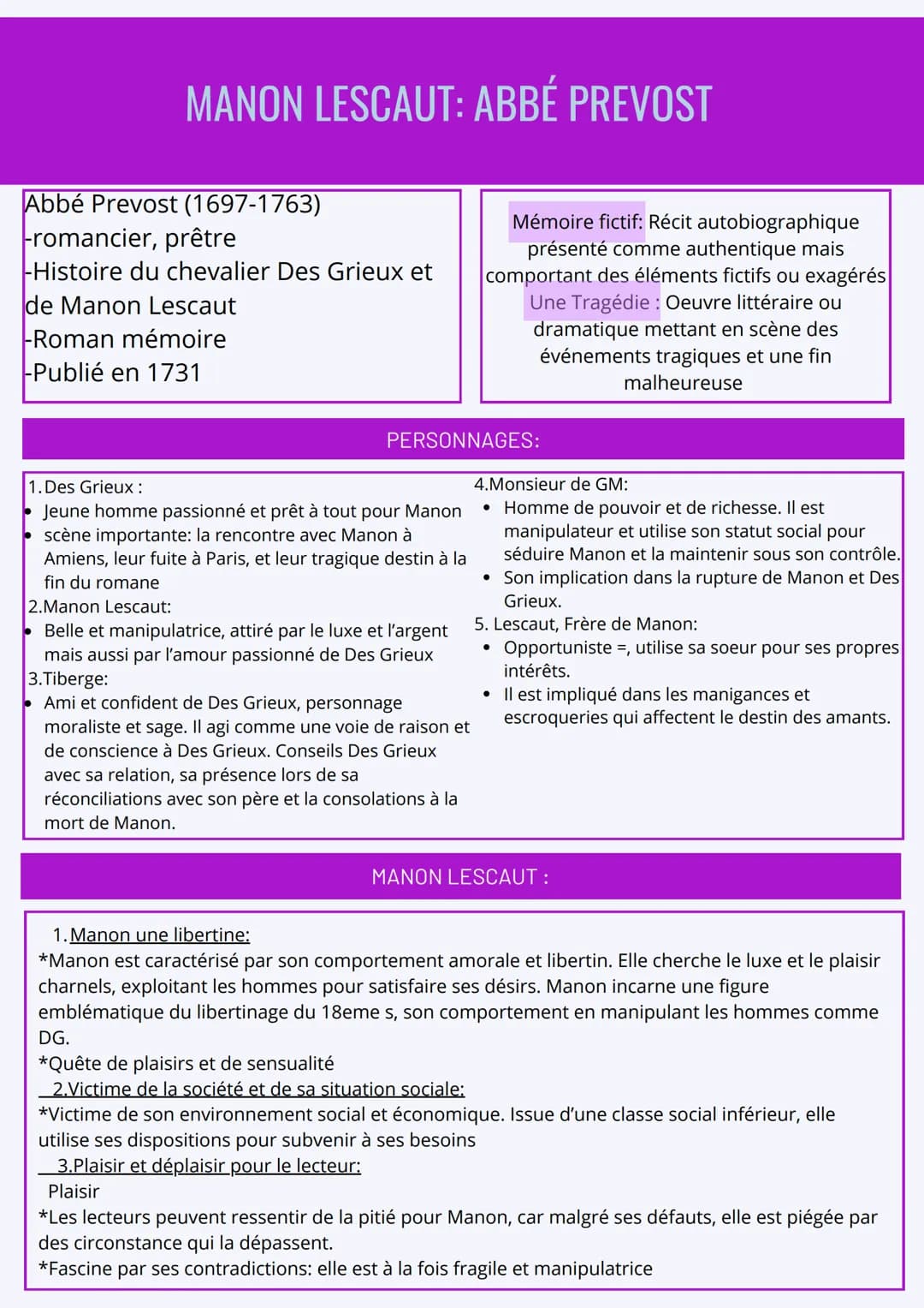 Fiche de dissertation "Manon Lescaut"