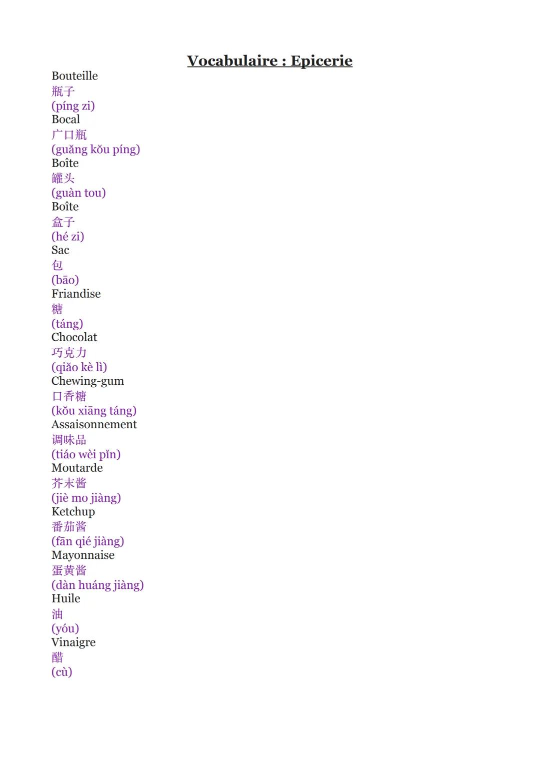 Vocabulaire : Epiceries (Chinois lv3)