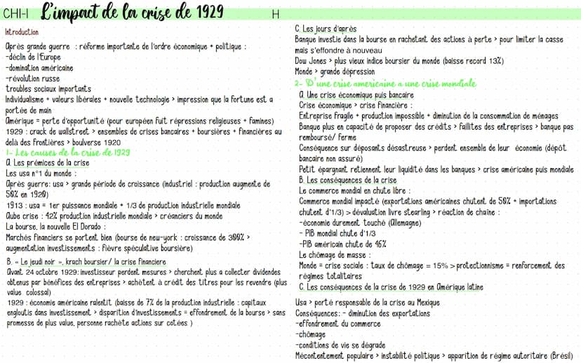 CHI
Plan du cours :
L'impact de la crise de 1929
1 - Les causes de la crise de 1929
a. Les prémices de la crise
B. Le jeudi noir
C. Les jour