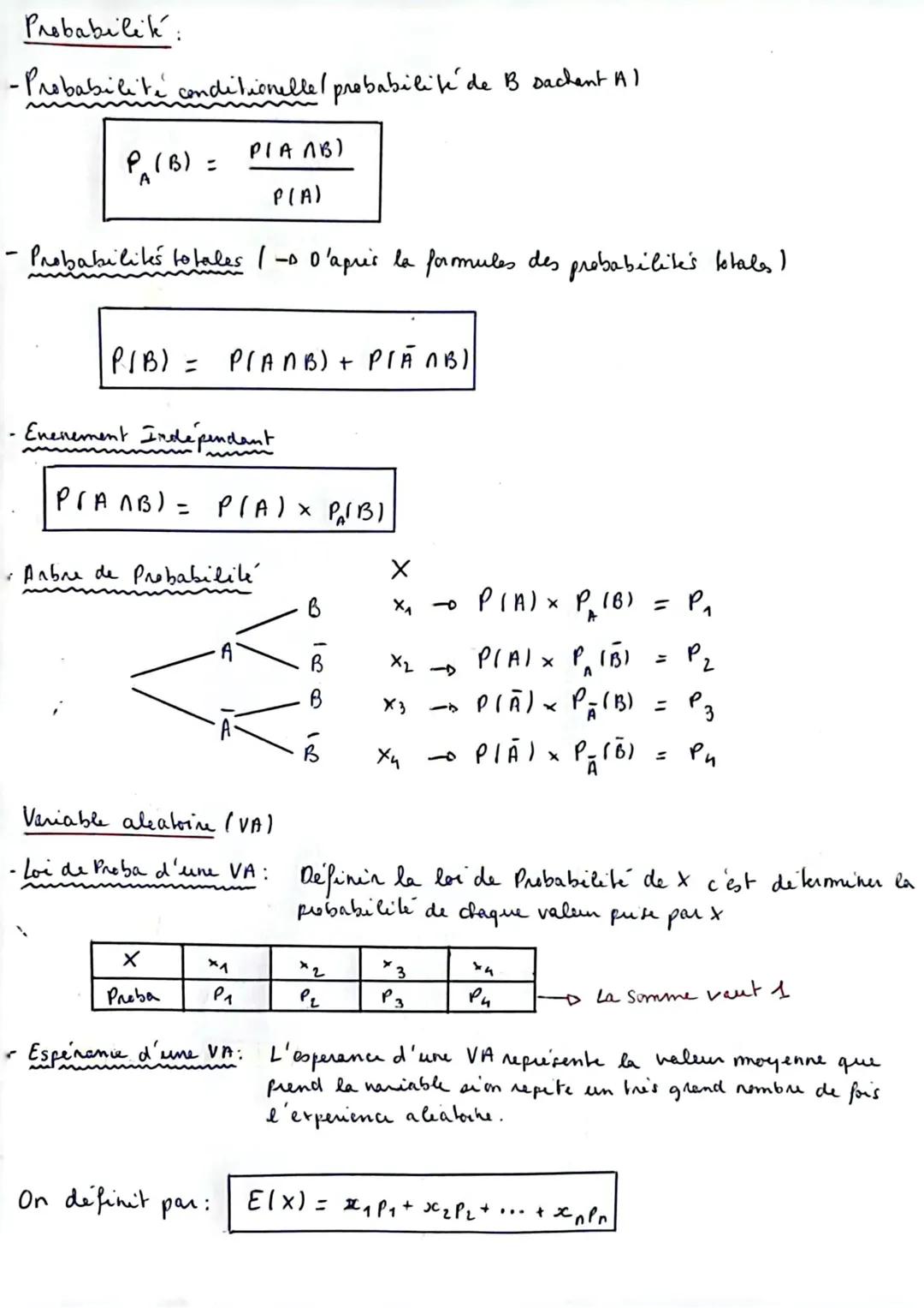 Probabilik:

-Probabilite conditionellel probabilité de B sachent Al

$P_A(B) = \frac{P(A \cap B)}{P(A)}$

-Probabilites totales 1-0 D'apris