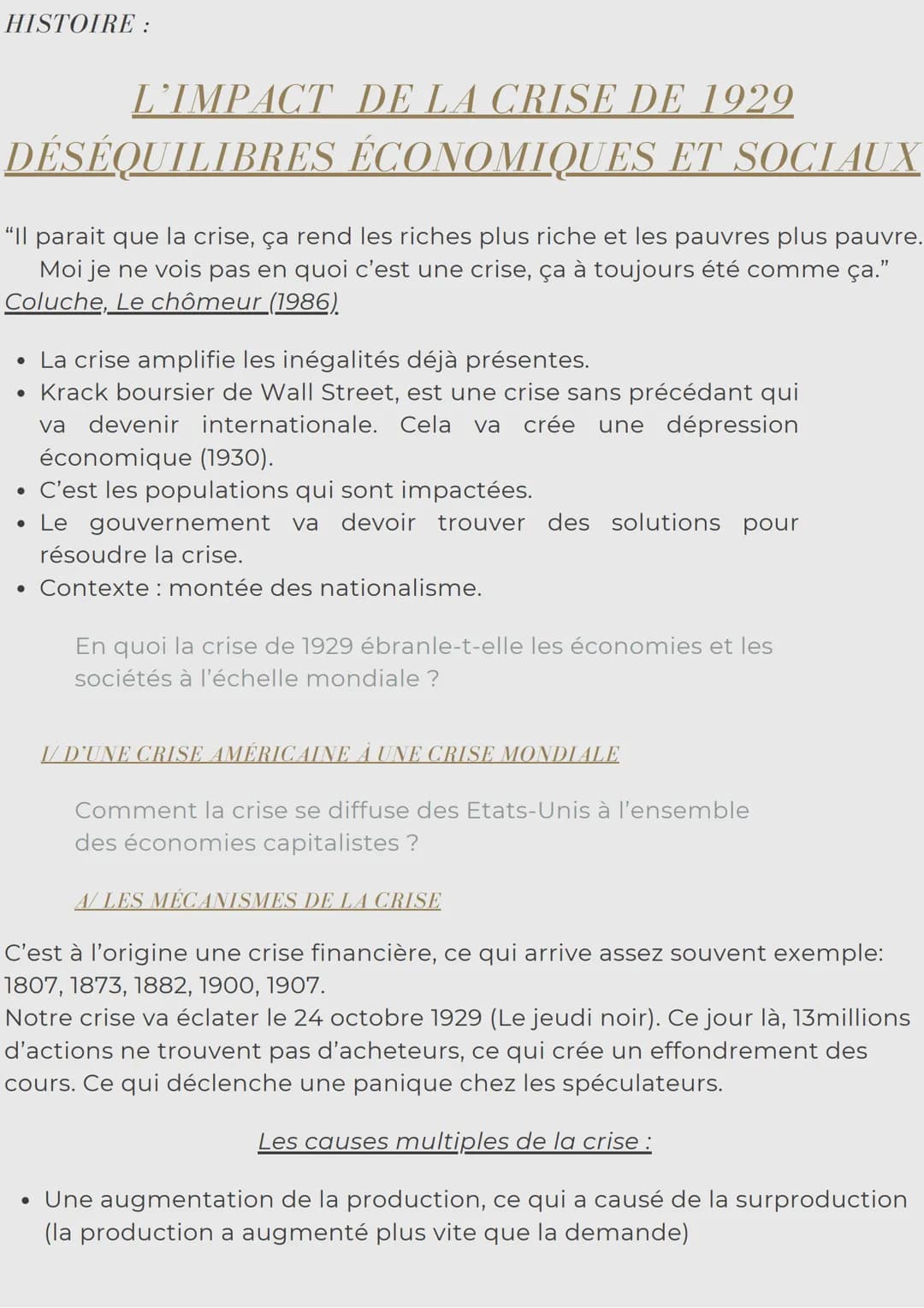 HISTOIRE :
L'IMPACT DE LA CRISE DE 1929
DÉSÉQUILIBRES ÉCONOMIQUES ET SOCIAUX
“Il parait que la crise, ça rend les riches plus riche et les p