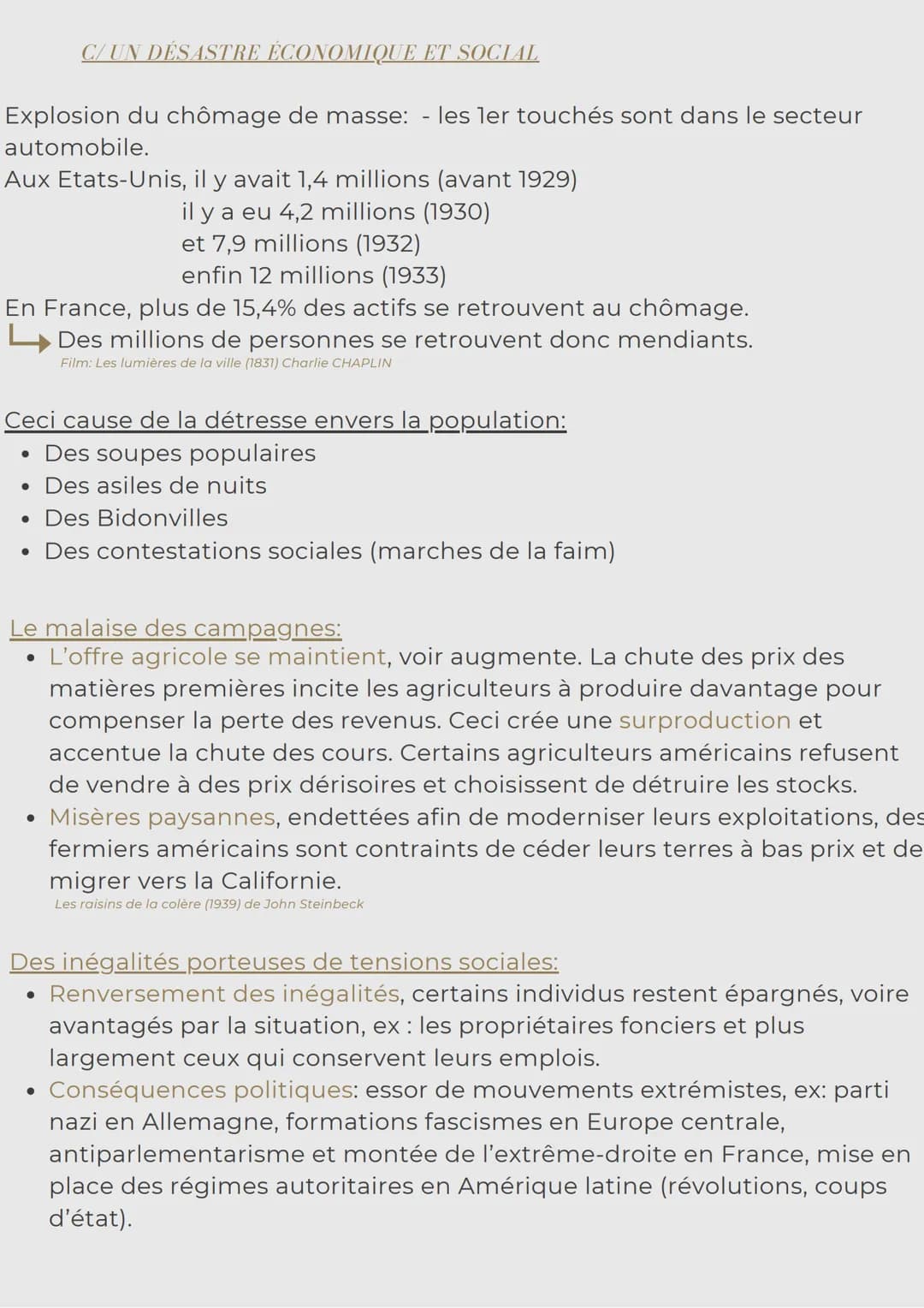 HISTOIRE :
L'IMPACT DE LA CRISE DE 1929
DÉSÉQUILIBRES ÉCONOMIQUES ET SOCIAUX
“Il parait que la crise, ça rend les riches plus riche et les p