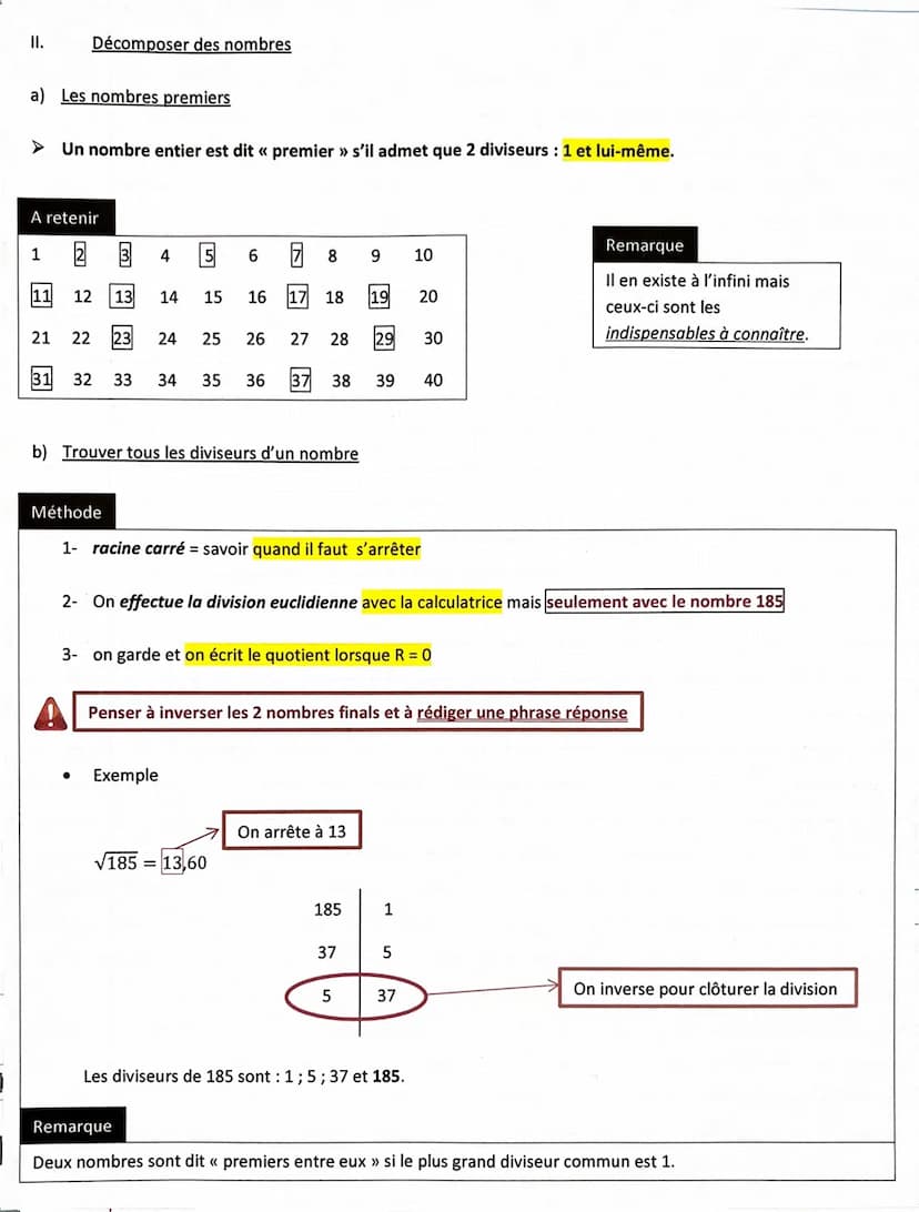 1.
Définition-propriété
a) Critères de divisibilité
Par 2: Termine par 0; 2; 4; 6 ou 8
●
Par 3: Somme total = 3; 6 ou 9
Par 4:2 derniers chi