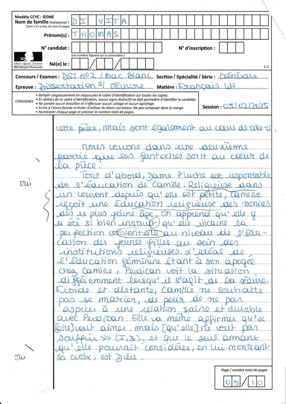 Modèle CCYC: ©DNE
Nom de famille (naissance): DI VITA
(Suivi s'il y a lieu, du nom d'usage)
Prénom(s): THOMAS
N° candidat:
figurent
vocation