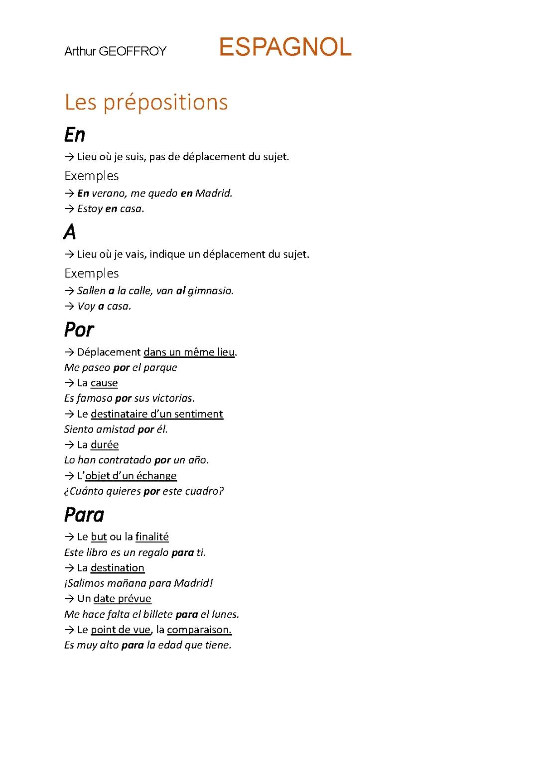 Les prépositions espagnol 