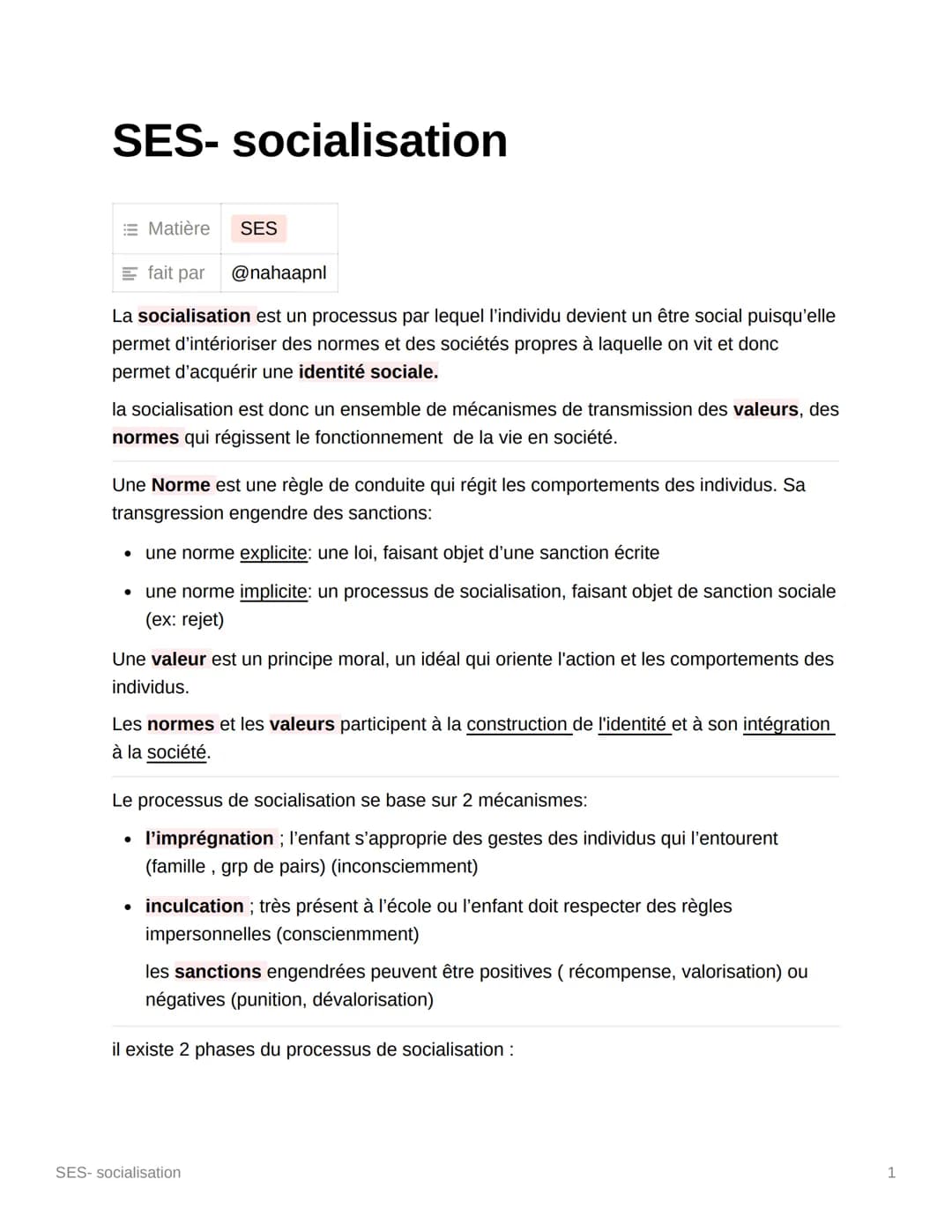 SES- socialisation
Matière
SES
fait par
@nahaapnl
La socialisation est un processus par lequel l'individu devient un être social puisqu'elle
