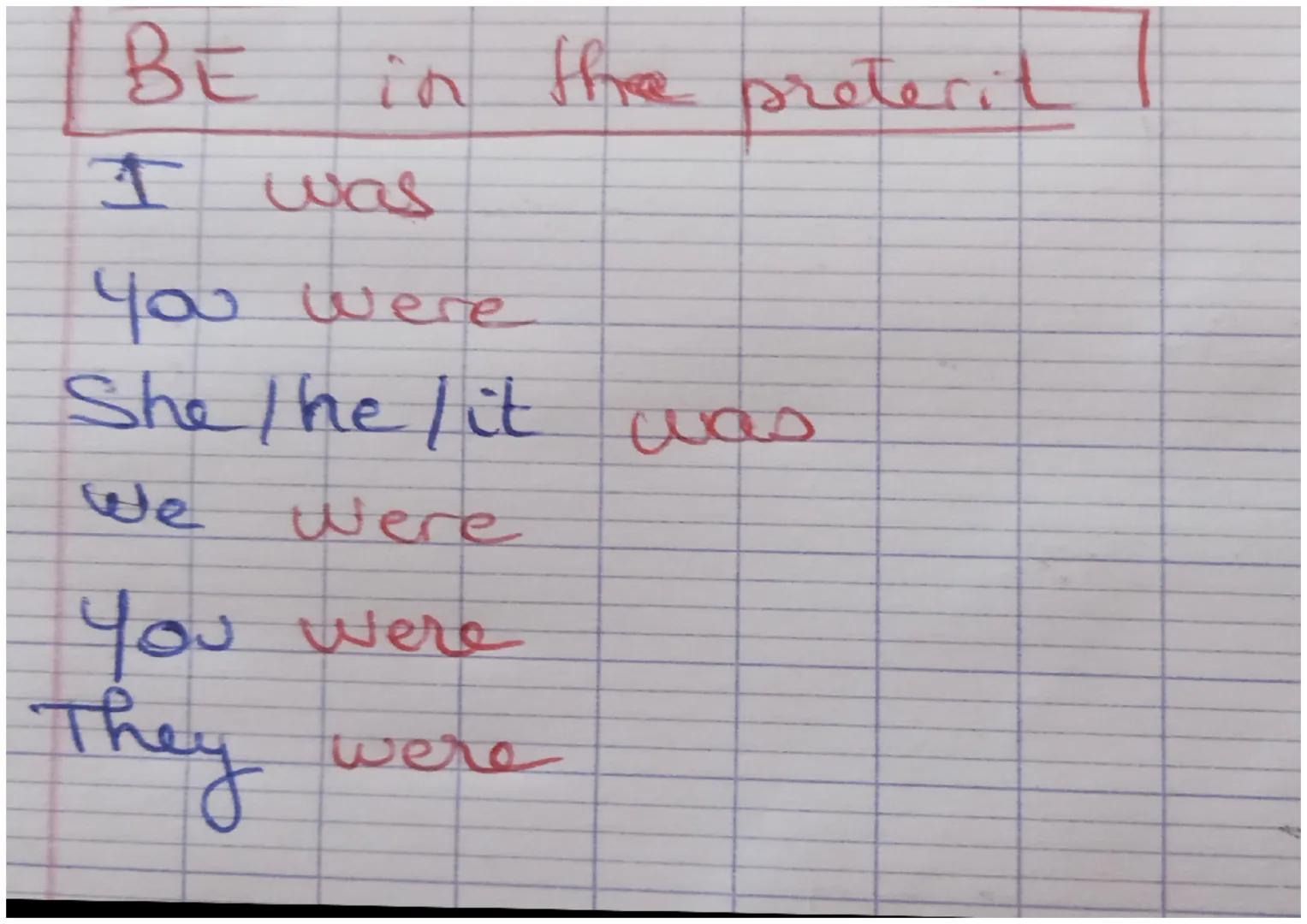 BE in the preterit

I was

You were

She/ he / it was

We were

You were

They were