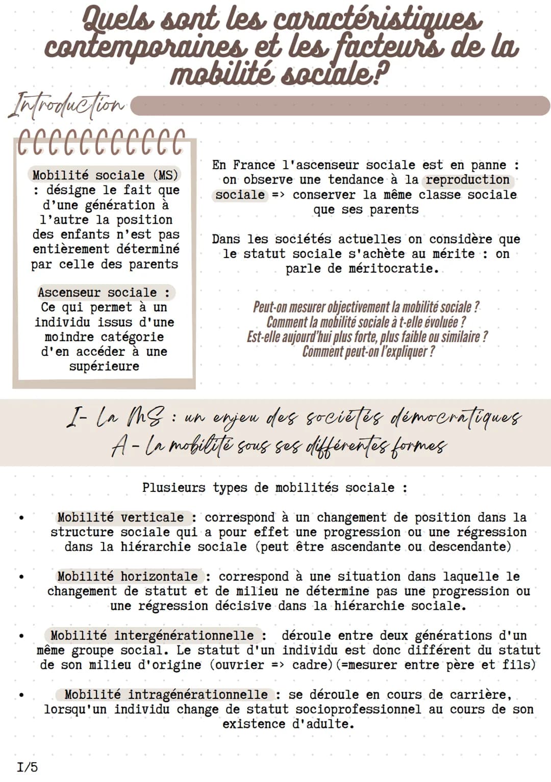 Quels sont les caractéristiques
contemporaines et les facteurs de la
mobilité sociale?
Introduction
ccccccccccc
Mobilité sociale (MS)
: dési