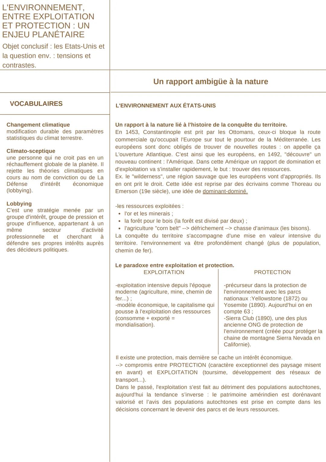 # L'ENVIRONNEMENT,
ENTRE EXPLOITATION
ET PROTECTION: UN
ENJEU PLANÉTAIRE

Objet conclusif: les Etats-Unis et
la question env. tensions et
co