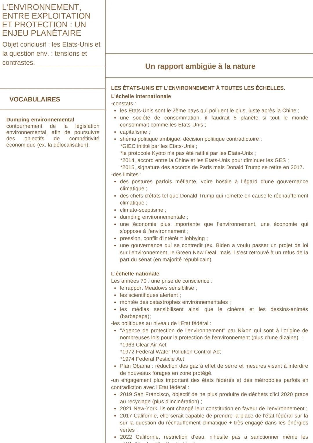 # L'ENVIRONNEMENT,
ENTRE EXPLOITATION
ET PROTECTION: UN
ENJEU PLANÉTAIRE

Objet conclusif: les Etats-Unis et
la question env. tensions et
co