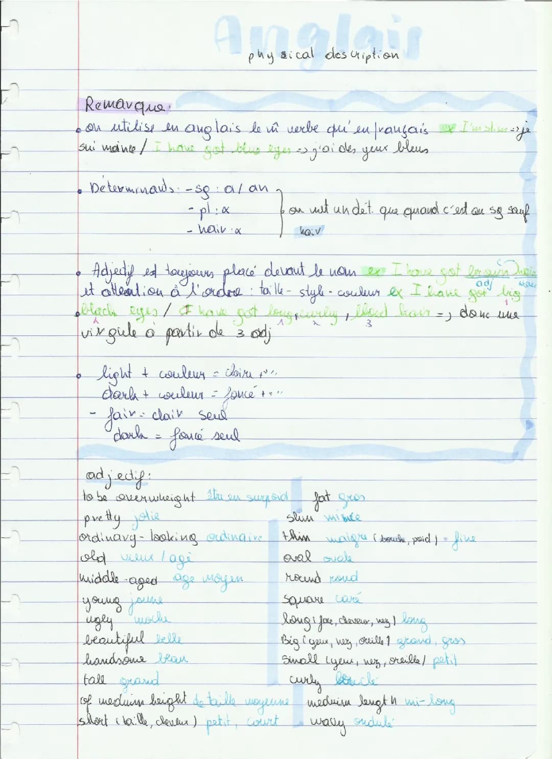 Anglais: vocabulaire sur la description physique + remarque