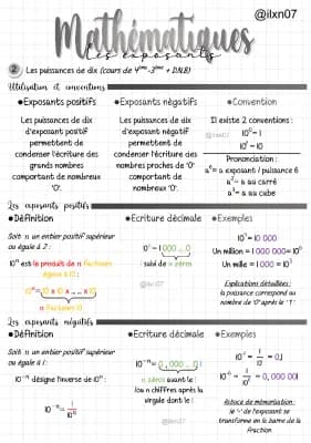 Know MATHEMATIQUES les exposants, les puissances (chapitre 2 : Les puissances de dix) (fiche quadrillée) thumbnail