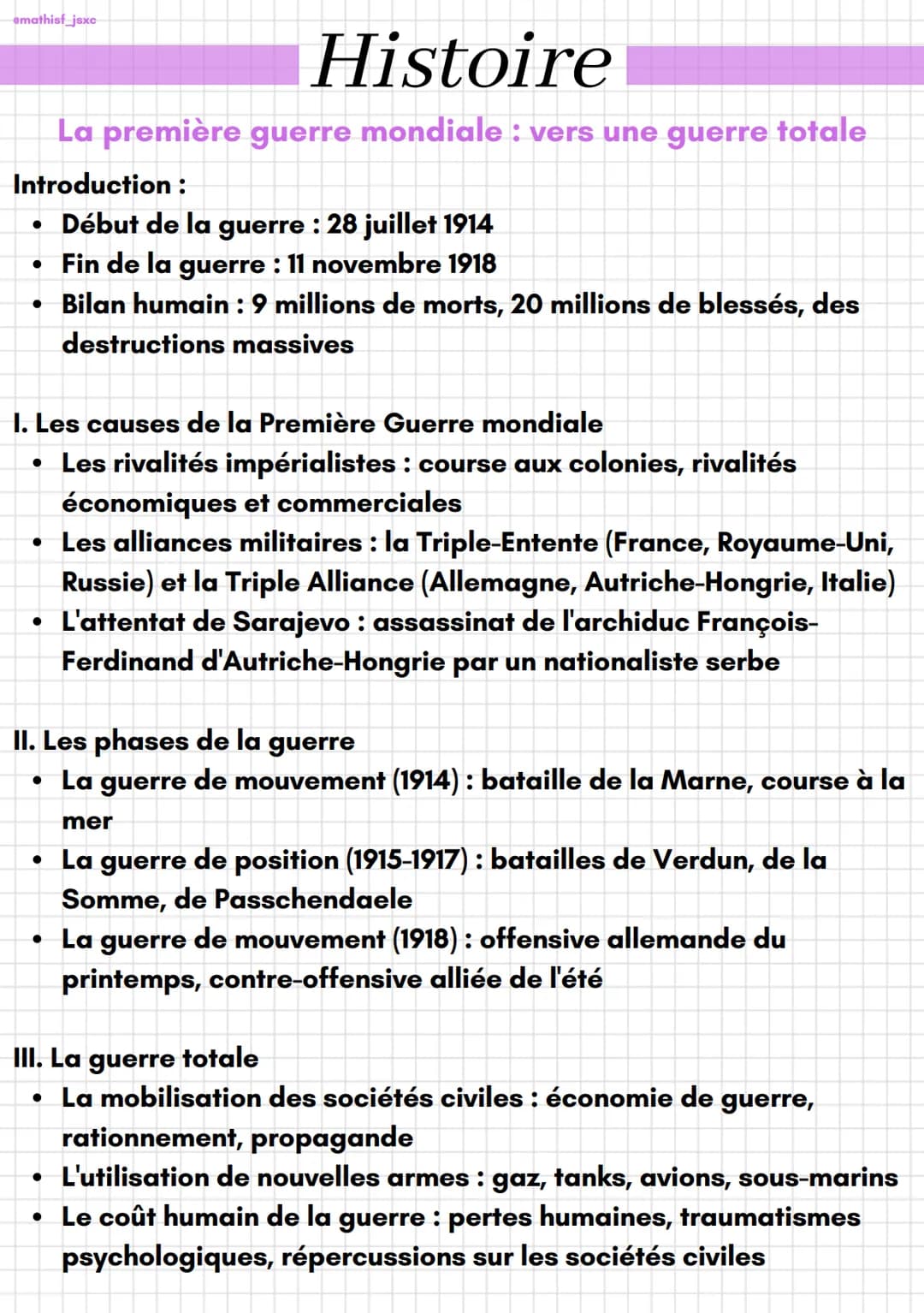 emathisf_jsxc
Histoire
La première guerre mondiale : vers une guerre totale
Introduction :
• Début de la guerre : 28 juillet 1914
• Fin de l